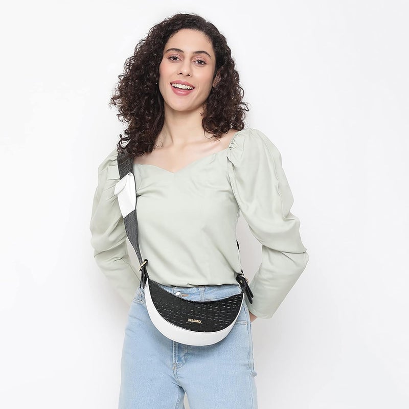 KLEIO Half Moon Croco Textured Sling Cross Body Bag with Pocket in Handle - Black - Image 2